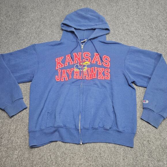 Vintage Y2K Kansas Jayhawks Hoodie Large Blue Rock Chalk University Champion - Picture 1 of 8
